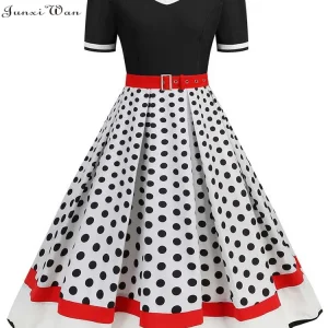 Abito plissettato vintage a maniche corte con scollo a V nero con cintura Abito da donna a pois anni '50 Abito estivo taglie forti 1