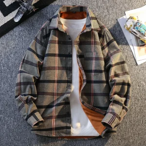 Camicia a quadretti autunnale da uomo Giacca oversize casual a maniche lunghe stile coreano con camicia scozzese calda e alla moda da uomo 1