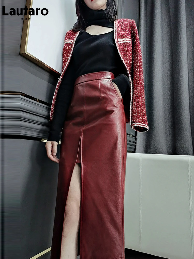 Lautaro Gonna lunga a tubino in morbida ecopelle da donna con tasche con spacco sul davanti Gonne midi a vita alta per donna gonna rosso vino 4