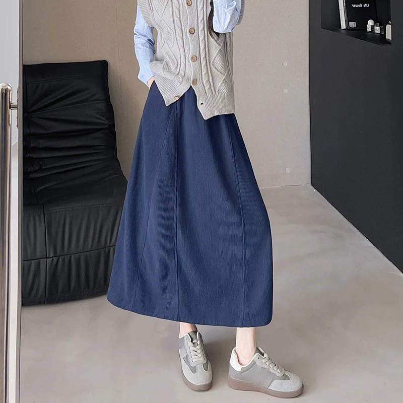 2025 Gonne lunghe in velluto a coste vintage Donna Elastico in vita Harajuku Gonna longuette grande altalena Autunno Inverno Abiti da donna popolari coreani 6