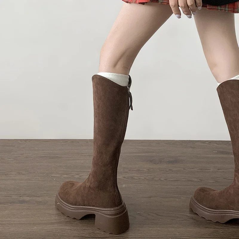 Stivali alti slim elasticizzati da donna vintage Moda cerniere posteriori Scarpe Autunno Inverno Stivaletti lunghi da cavaliere da donna con tacco spesso 2