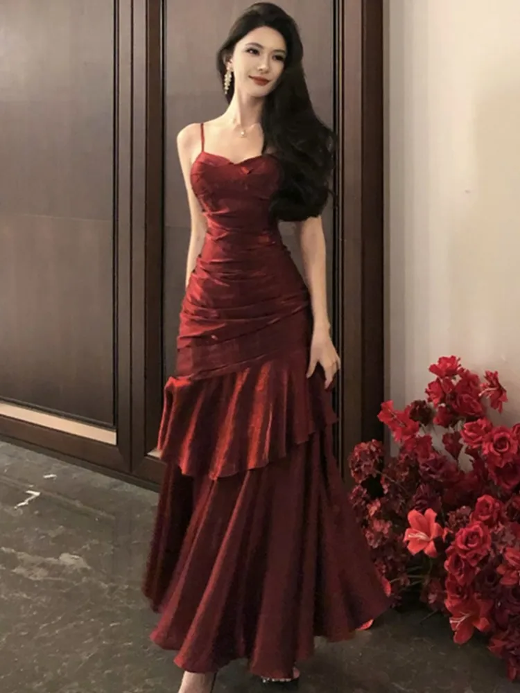 Abito da festa di compleanno con volant estivo da donna Abiti da sera senza maniche con cinturino per spaghetti sexy Abiti da ballo sottili femminili Abito lungo 2