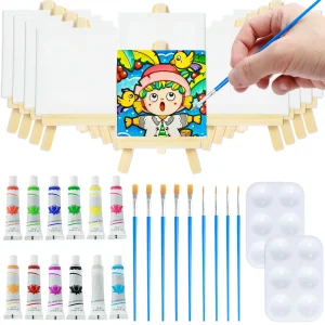 Set mini tele e cavalletto da 34 pezzi con tavolozza di colori acrilici, pennello, piccola tela creativa per bambini, artisti, principianti 1