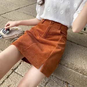 Mini abito a trapezio in velluto a coste dimagrante a vita alta 2024 Gonna aderente con spacco laterale in stile coreano autunno/inverno Gonna taglie forti 1