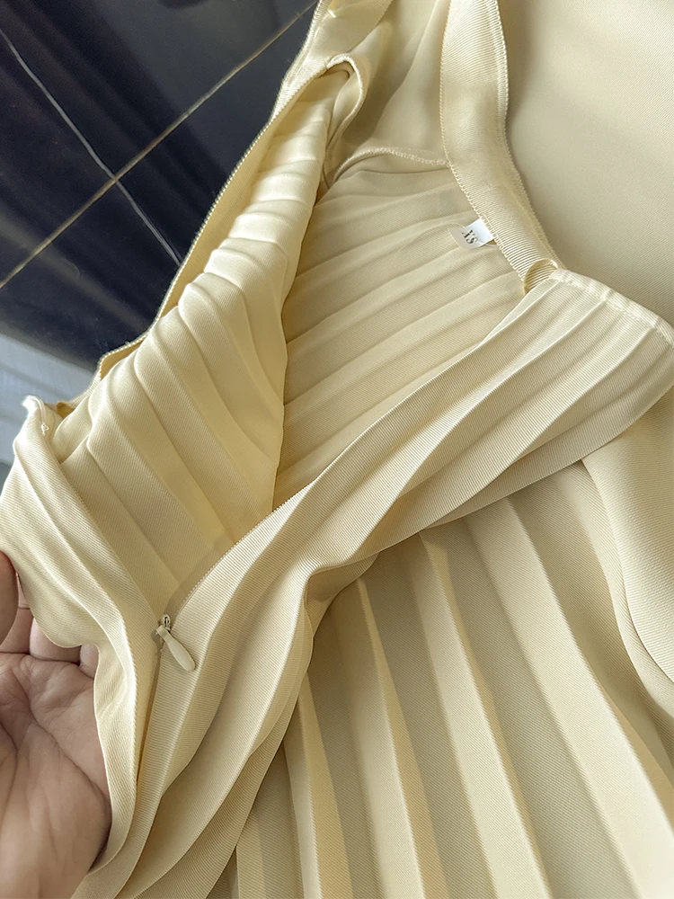 2025 Gonna a pieghe asimmetrica elegante da donna a vita alta Gonna medio-lunga da donna Gonna longuette da donna femminile Giallo Saia 5