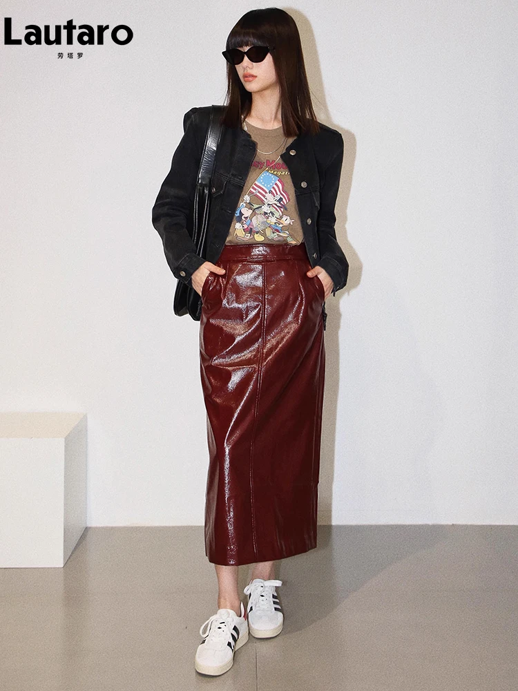 Lautaro Primavera Autunno Lucido Riflettente Vernice Pu Leather Midi Gonna a tubino Donna Vita alta Abiti lunghi firmati di lusso 2023 5