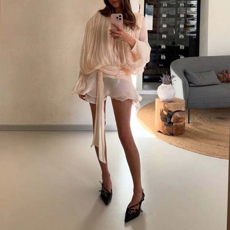 KWTX Elegante pizzo in raso Mini abito chic manica svasata pieghettato abito senza schienale nuova estate femminile cena festa spiaggia Vestido 2025 5