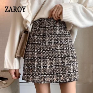 ZAROY islav2025 Autunno Inverno Tweed Matita Mini Gonna Donna Vintage Plaid Elegante Vita Alta Sottile Gonne Corte Ufficio Donna 1