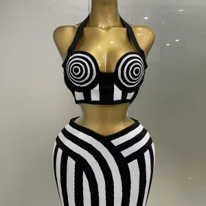 2025 nuove donne celebrità sexy jacquard nero bianco due pezzi aderente gonna fasciatura a righe set abito da sera firmato 1