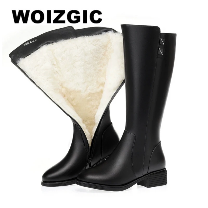 WOIZGIC Donna Madre Signore Donna Vera Pelle Neve Stivali a metà polpaccio Scarpe Inverno Caldo Lana Peluche Pelliccia Cerniera Plus Size 41 42 1