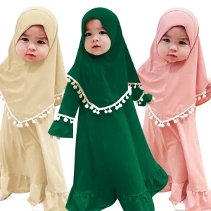 2 pz Bambini Ragazze Hijab Abaya Musulmano Set Per Il Bambino Abbigliamento Islamico Sciarpa A Testa Caftano Khimar Burqa Niqab Jalabiya Djellaba Vestito 1