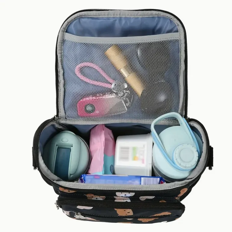 Spaziosa borsa per pannolini grande, borsa per pannolini beige di alta qualità con stampa di orsi carini | Borsa genitore a spalla e a tracolla per bottiglie, 4