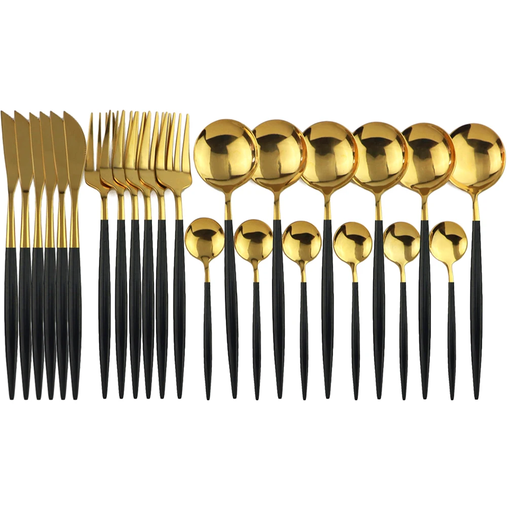 JANKNG 24Pcs Set di posate Set di posate in acciaio inossidabile stoviglie da cucina coltello forchetta cucchiaio posate argento nero oro per 6 2