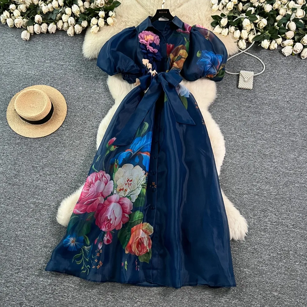 Chic vintage Sexy stampa maglia con lacci pulsante Fata Estate Donna Boho Vestito estivo abbigliamento donna Abito lungo 4