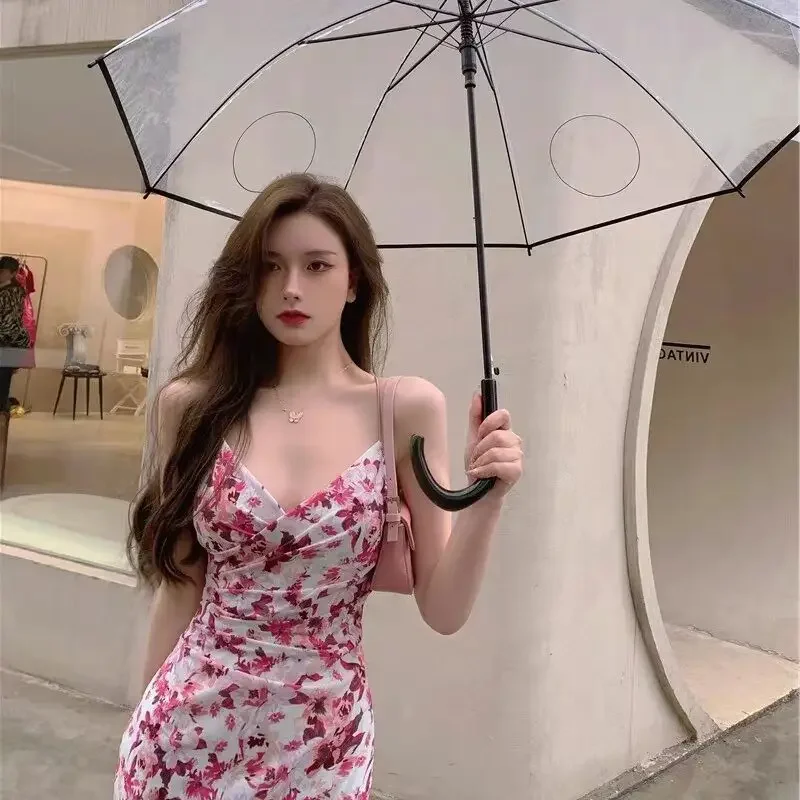 Abito lungo estivo stile francese senza spalline con scollo a V con stampa floreale Abito lungo da donna per le vacanze al mare Abito aderente senza maniche Abito per la pausa tè 4