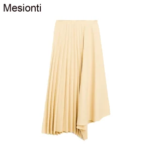 2025 Gonna a pieghe asimmetrica elegante da donna a vita alta Gonna medio-lunga da donna Gonna longuette da donna femminile Giallo Saia 1