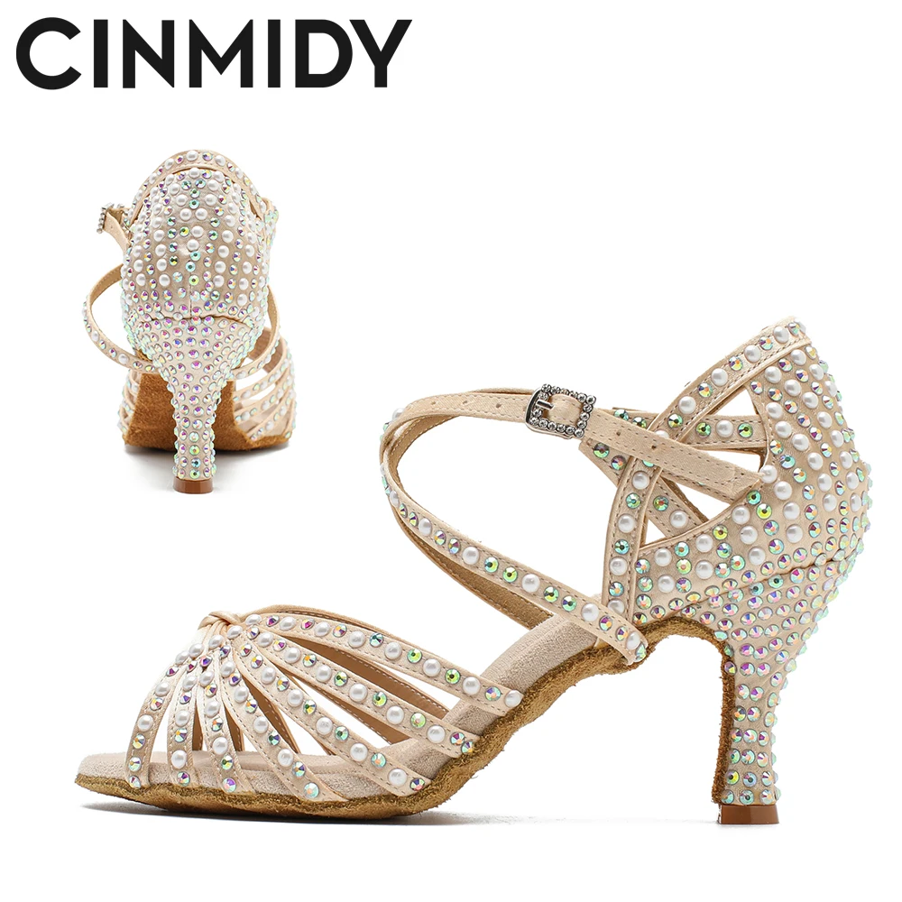 CINMIDY Scarpe da ballo latino con suola morbida per donna Scarpe da ballo moderne per tango Scarpe da sposa con diamanti da donna con perla 4