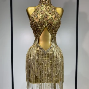 Women Birthday Party Rhinestones Tassels Transparent Short Dress Dance Show 2025 New Sexy Fashion Gold Sparkly Stage Costume 1