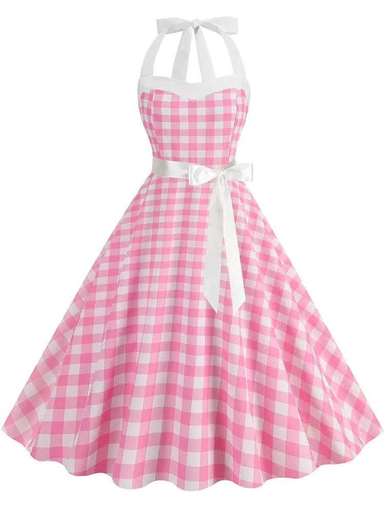 Abito da festa estivo da donna con cintura con stampa a pois Halter Hepburn Robe Abiti vintage anni '50 e '60 2