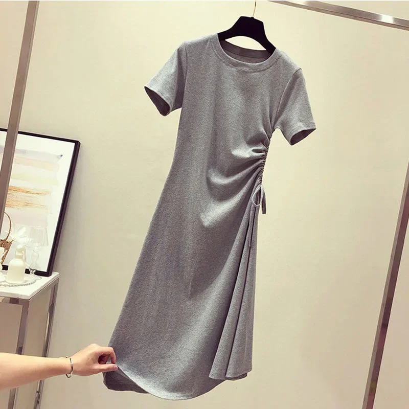 Abito verde avocado con coulisse in vita che dimagrisce maglietta coreana per studenti di moda gonna trendy manica corta girocollo al ginocchio 4