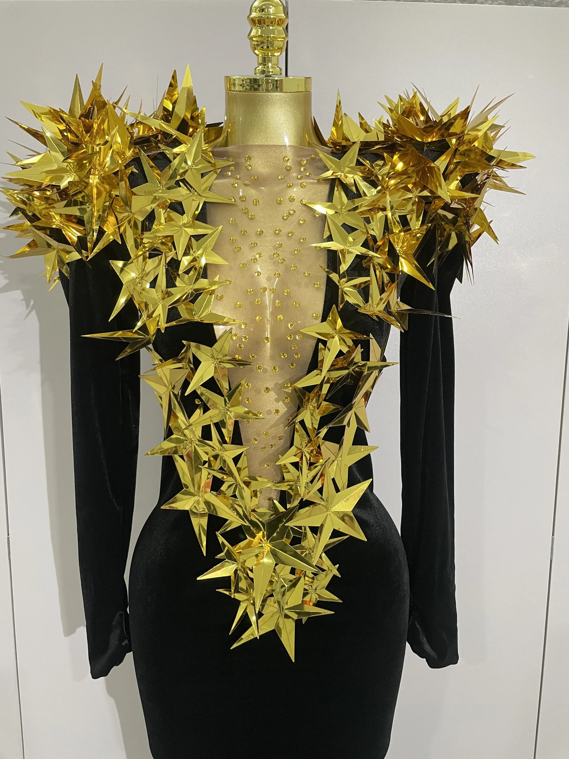 2025 Nuovo Shiny Gold Star Strass Velluto Abito lungo da donna Sera Festa di compleanno Club Gala Hosts NightClub Bar Costumi di scena 5