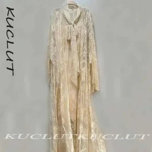 KUCLUT 2025 delle Donne di Modo Del Merletto Del Fiore Stampato Abiti Elegante di Colore Solido Manica Lunga a Metà Polpaccio Vestito Femminile Alla Moda Nuovo K123 1