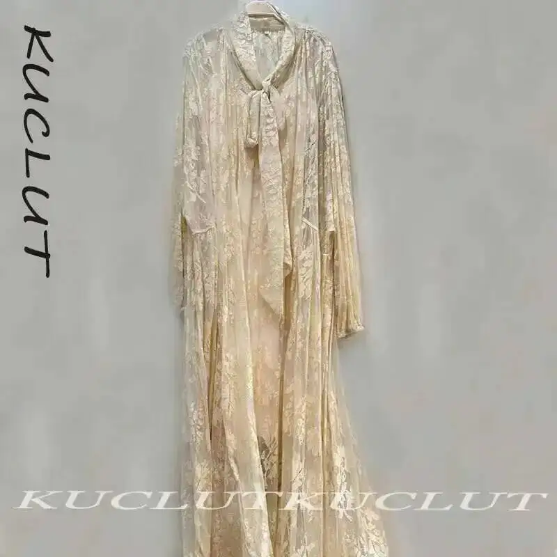 KUCLUT 2025 delle Donne di Modo Del Merletto Del Fiore Stampato Abiti Elegante di Colore Solido Manica Lunga a Metà Polpaccio Vestito Femminile Alla Moda Nuovo K123 1