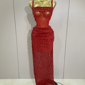 Paillettes scintillanti con strass rossi sexy vedere attraverso 2 pezzi abito lungo 2025 donne celebra abiti da festa di compleanno serali costumi di scena 1