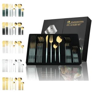 Set di posate da 24 pezzi Coltello forchetta cucchiaio in acciaio inossidabile Stoviglie Set di posate dorate nere Regalo di stoviglie da cucina per festival 1