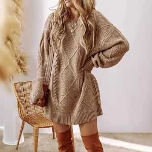 Abito in maglia stile pigro allentato alla moda intrecciato casual inverno nuovo arrivo abito da donna manica lunga girocollo abito longuette 1