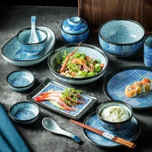 Piatto da pranzo in ceramica con motivo retrò giapponese Piatto da zuppa approfondito, Piatto per insalata di frutta Ciotola di riso, ciotola per noodle, set di stoviglie in ceramica 1