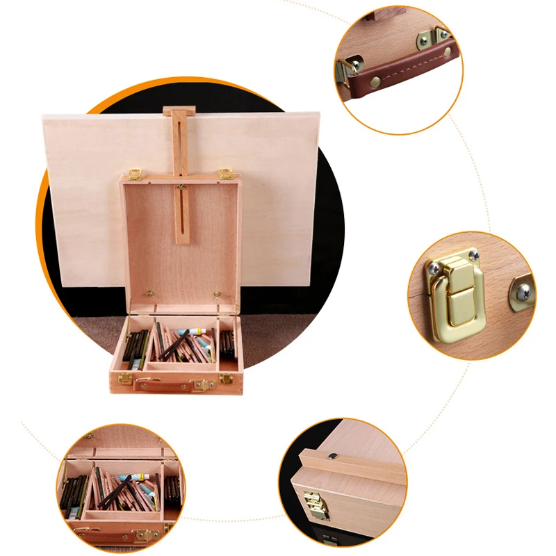 Grande scatola portatile in legno per pittura a olio, blocco schizzi, cavalletto, schizzo, tavolo da disegno, cassetta degli attrezzi per pittura, scatola di immagazzinaggio per pittura per artista 6