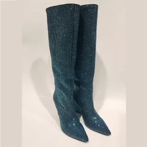 2022 nuovi stivali da donna in pelle di strass invernali 11cm tacco a zeppa/tacco affusolato stivali scintillanti al ginocchio scarpe da sfilata di moda 1