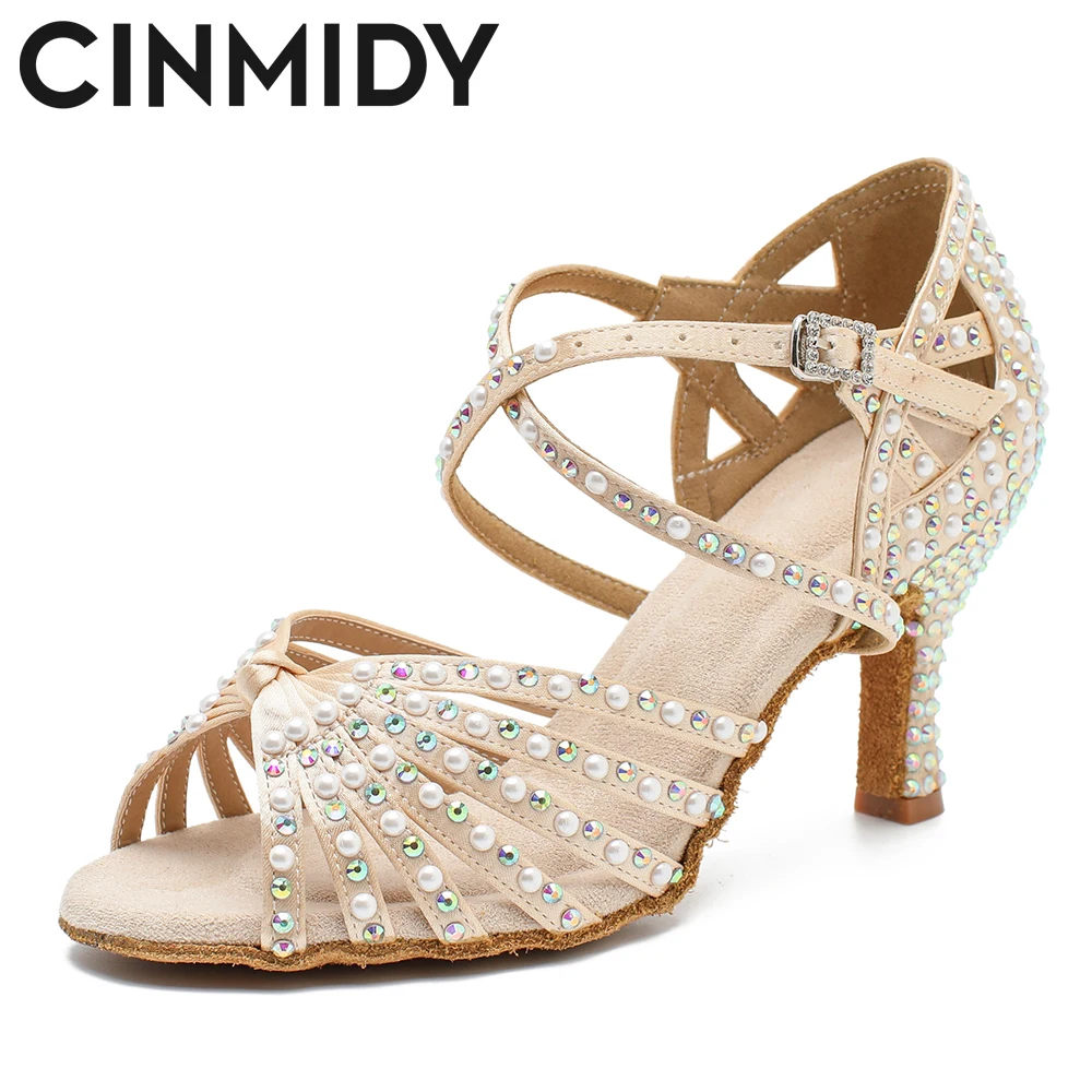 CINMIDY Scarpe da ballo latino con suola morbida per donna Scarpe da ballo moderne per tango Scarpe da sposa con diamanti da donna con perla 3