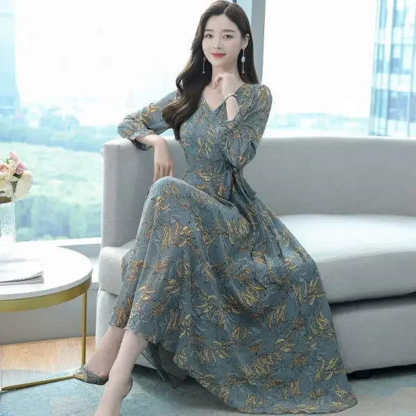 Abito lungo a trapezio snellente di media lunghezza in stile coreano Abito lungo con collo a polo e maniche da principessa per le donne nelle loro foreste e cinquanta 4