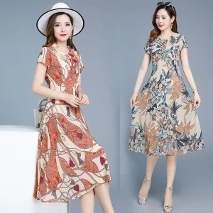 Abito longuette snellente con stampa floreale per donne di mezza età, casual, confortevole ed elegante, design a pois, moda per pendolari 1