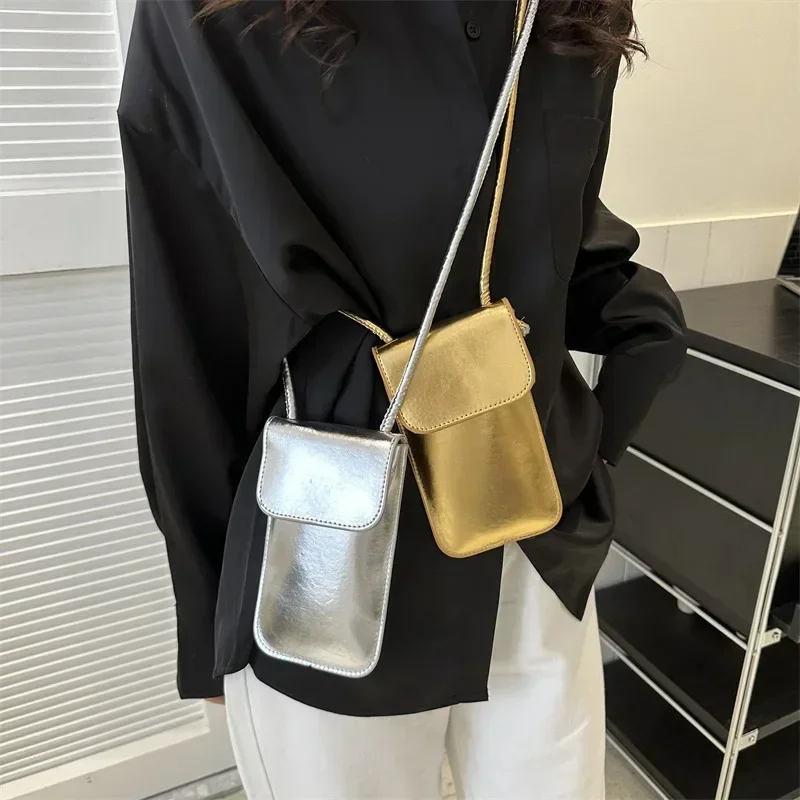 Borsa a tracolla alla moda per donna Mini borsa per telefono messenger in pelle PU argento oro 2