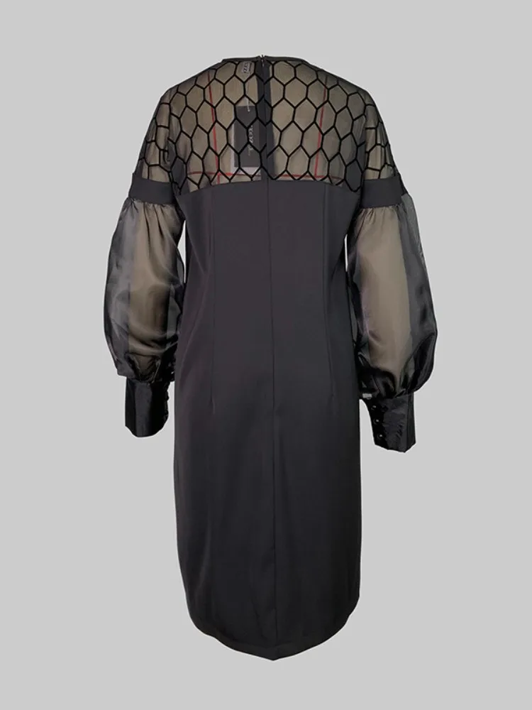 UOOZEE Urban Female Fashion Hollow O-Collo Party Evening Mini abiti 2025 Nuovo trasparente manica a sbuffo elegante ufficio abito nero 6