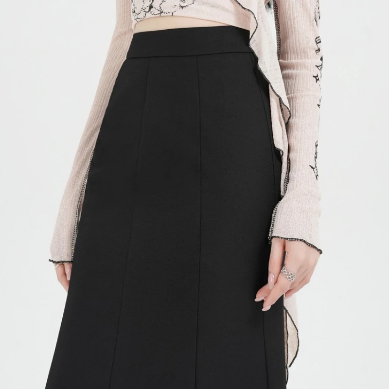 Gonne a coda di pesce avvolgenti da donna nere vintage a vita alta autunno 2025 Nuovo solido elegante tubino da ufficio A-line gonne a sirena femminile 4