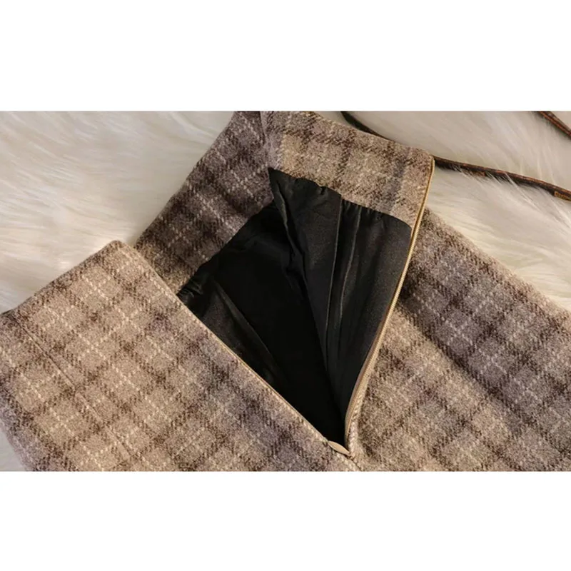 Gonna di lana ispessita autunno inverno per donna Gonne scozzesi vintage divise a vita alta Gonna lunga elegante con cerniera a trapezio femminile 5