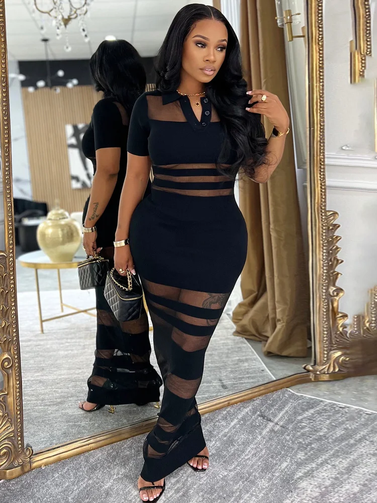 Beyprern Abito lungo polo trasparente a righe trasparenti da donna Colletti rovesciati sexy Abiti da festa in gabbia Night Out Vestido Clubwear 2