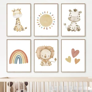 Nordic Poster giraffa Zebra Lion Elephant Sun Rainbow Nursery Wall Art Print Canvas Painting Boho Decor Pictures Baby Kids Room 1