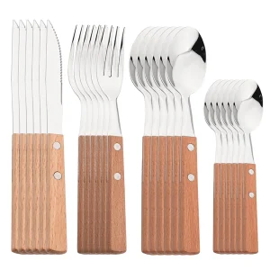 Coltello Forchetta Cucchiaino con manico in legno Set di posate in acciaio inossidabile 304 6/24 pezzi Stoviglie Specchio Stoviglie Posate per la casa Cucina 1
