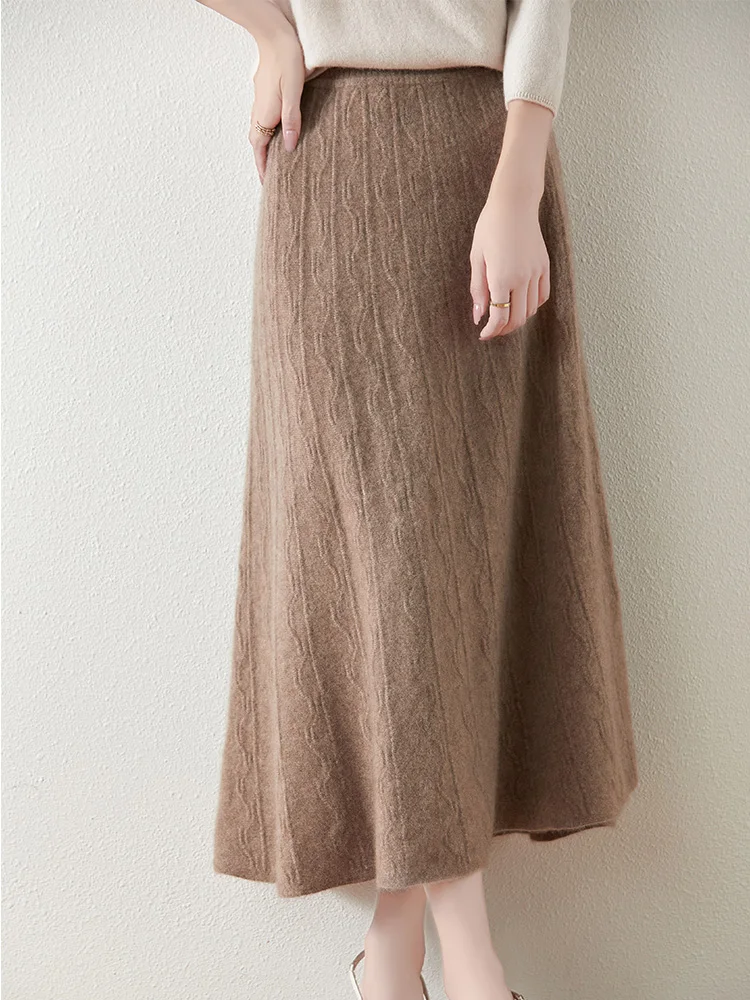 Chic Acqua Ondulazione Mezza Lunghezza Gonna Autunno Inverno Morbido Caldo 100% Lana Merino Maglieria Grace Retro Donna Vestiti Office Lady 2025 3