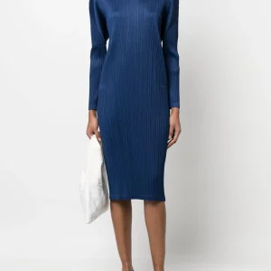 Miyake abito da donna medio lungo blu Navy pieghettato moda per favore vestiti a maniche lunghe 1