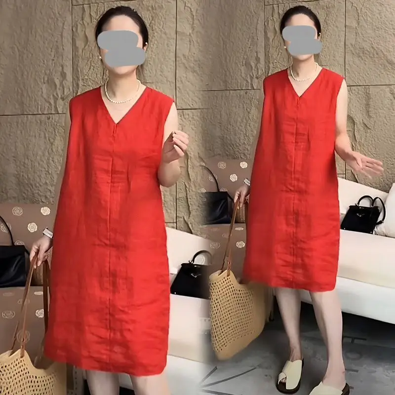 Abito gilet in lino artistico retrò senza maniche con scollo a V gonna midi a trapezio comodo stile casual colore puro primavera estate novità 3