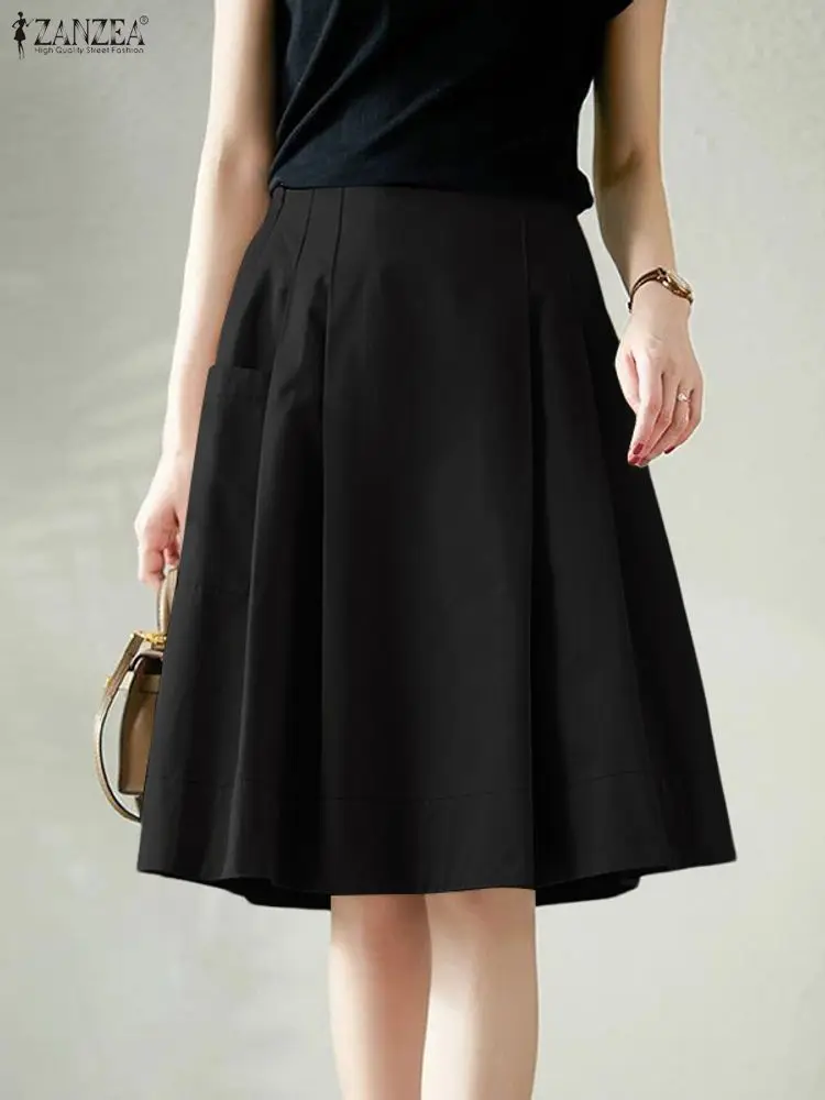 2025 Estate Elastico In Vita Jupes ZANZEA Donne Gonne Da Ufficio Solido A Pieghe Gonna Al Ginocchio Elegante A-line OL Lavoro Faldas Saia 5