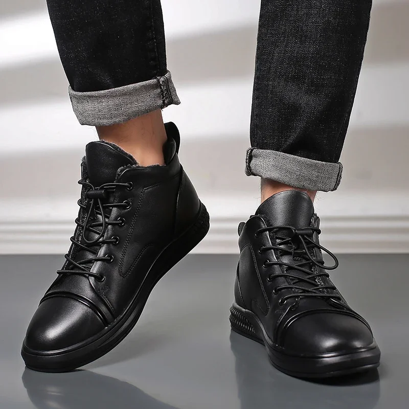 Scarpe casual da uomo in vera pelle Scarpe da ginnastica alte alla moda Scarpe invernali in pelliccia di lana Calde stivali da uomo Calzature antiscivolo da neve per esterni 5