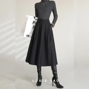 LOUIS YAO Nuove eleganti gonne midi nere da donna 2025 Autunno a vita alta Casual A Line Ombrello con spacco e tasche Gonna lunga 1