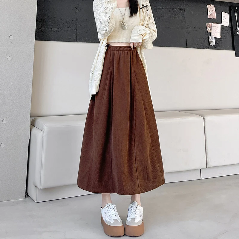 2025 Gonne lunghe in velluto a coste vintage Donna Elastico in vita Harajuku Gonna longuette grande altalena Autunno Inverno Abiti da donna popolari coreani 4